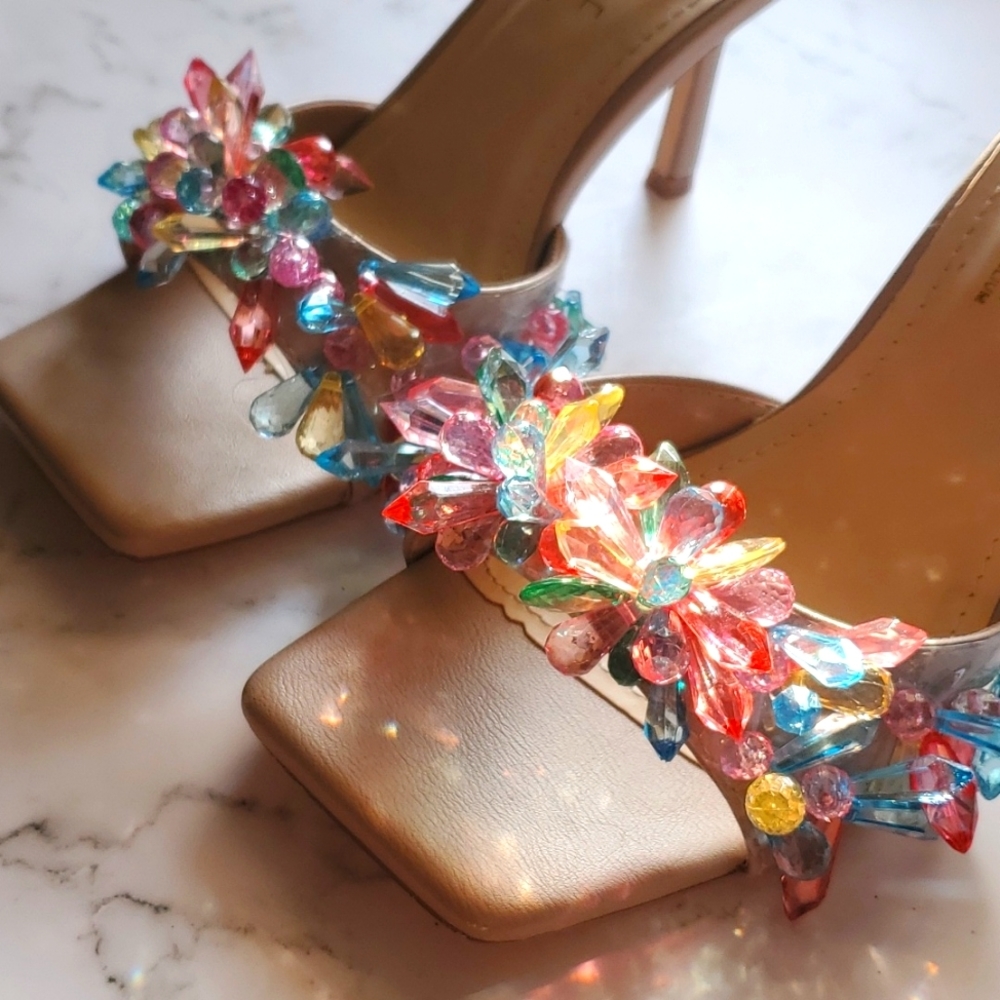 Spike Crystal Heels,Beige, 6 - Picture 2 of 5